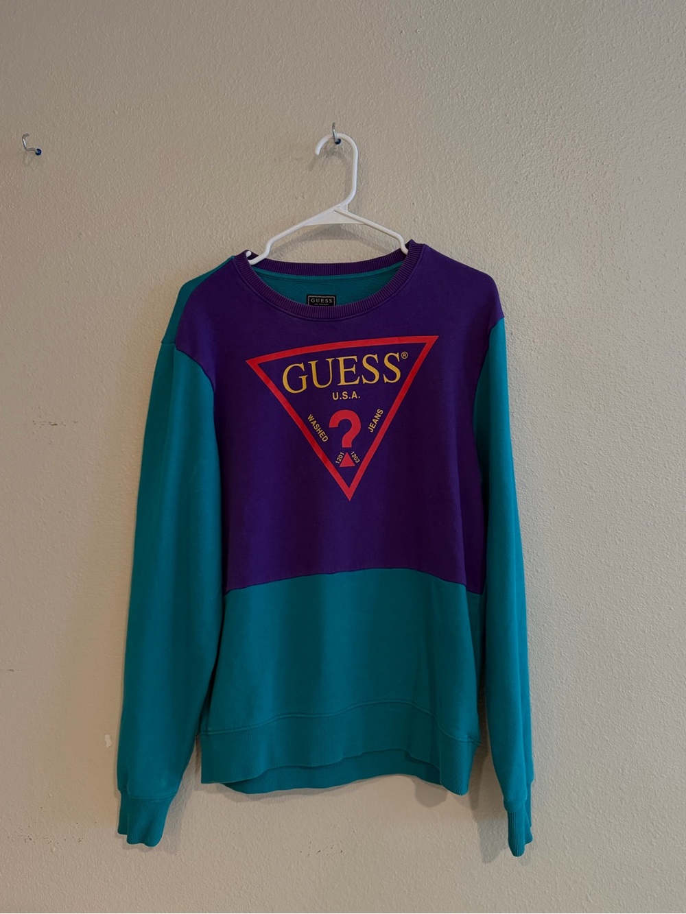 GUESS Purple and Teal Logo Colorblock Crewneck